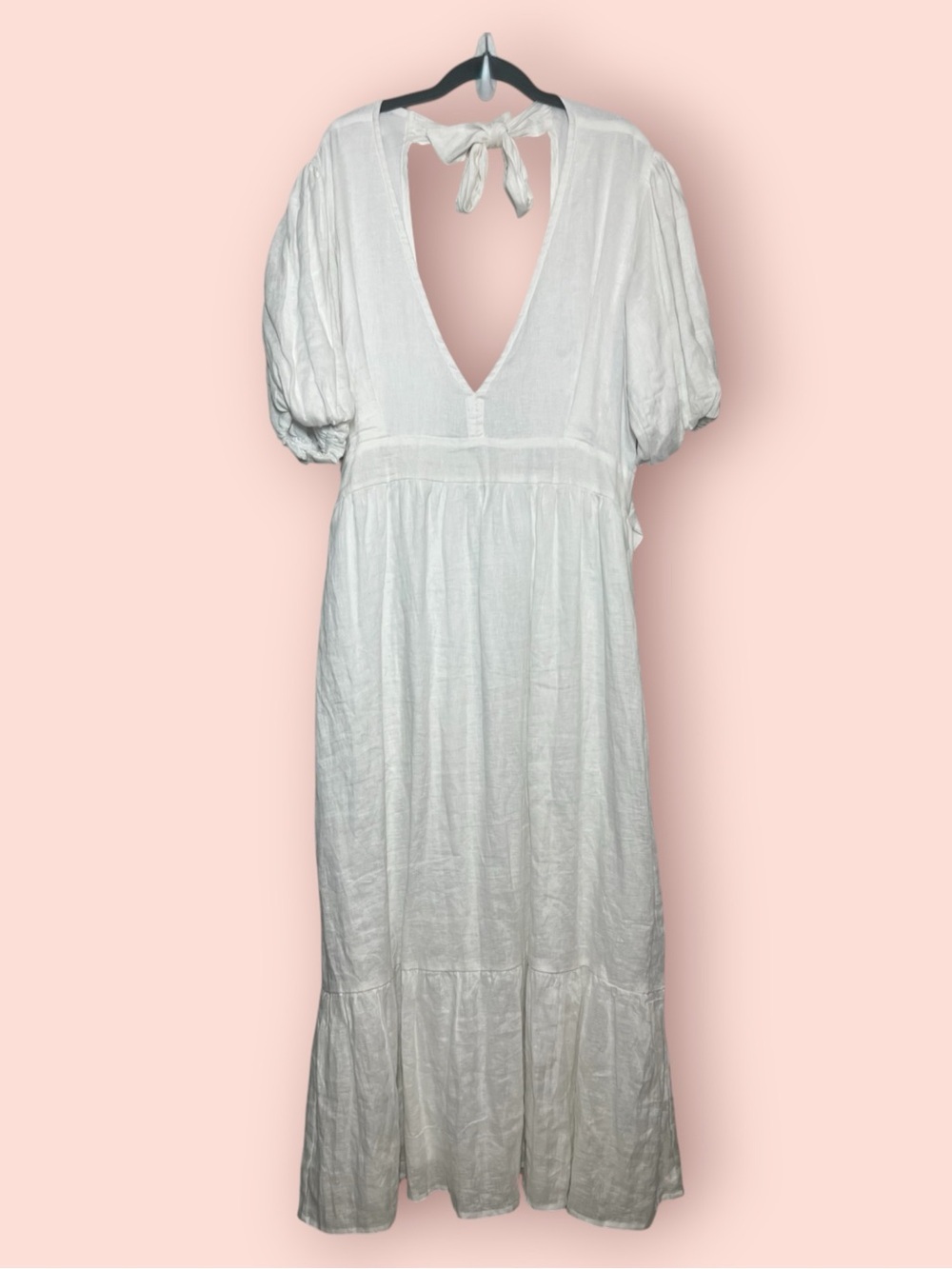Faithfull The Brand Romilla Midi Dress White Linen Womens Size 14 Deep V-Neck